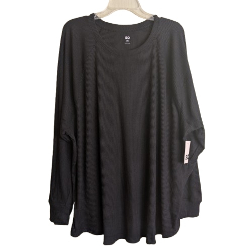 So Plus Size Black Pullover Top Soft Ribbed Long Sleeves Crew Neck Size 3X